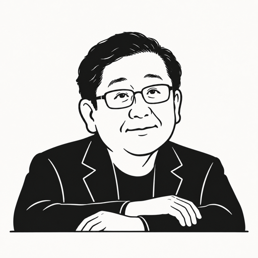 호사카 유지 캐리커처 · 실제 사진 아님